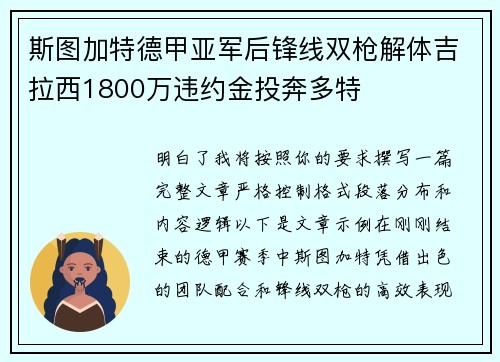 斯图加特德甲亚军后锋线双枪解体吉拉西1800万违约金投奔多特